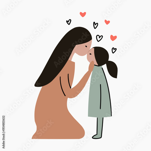 Vector illustration of a mother kissing her daughter's forehead with hearts. Minimalist family love concept.