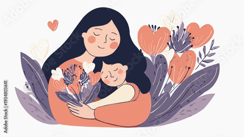 Naive style vector illustration of a mother and child embracing with flowers and hearts.