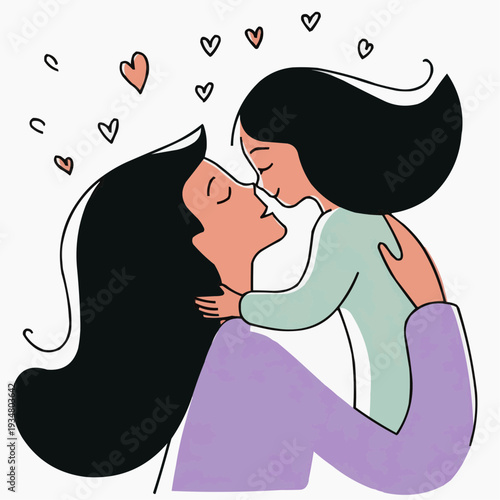 Loving mother and daughter hug, vector illustration. Child kissing mom on the nose with hearts. Family love concept.