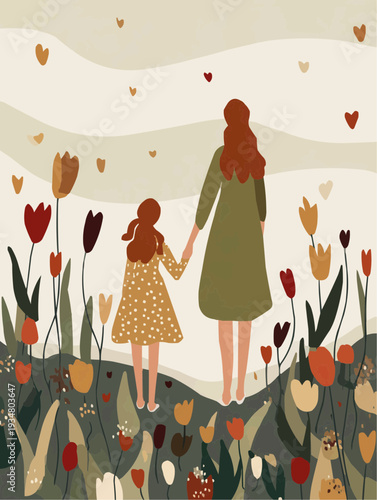 Tender vector illustration of a mother and daughter holding hands, walking through a field of spring tulips.