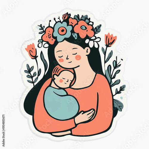 Tender vector illustration of a mother with a flower crown holding her sleeping baby. Sticker style.