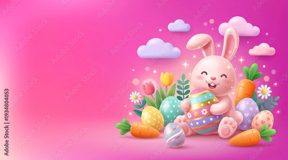Fototapeta premium Playful Pink 3D Easter Background with Bunny and Candy Eggs