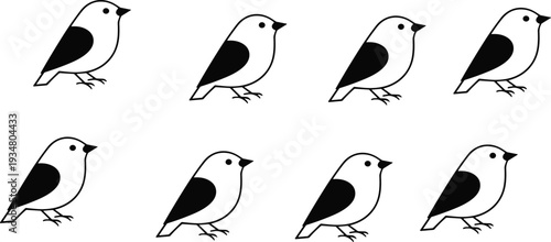 Black and White Bird Silhouette Cartoon Vector Illustration Set with Minimal Flat Design