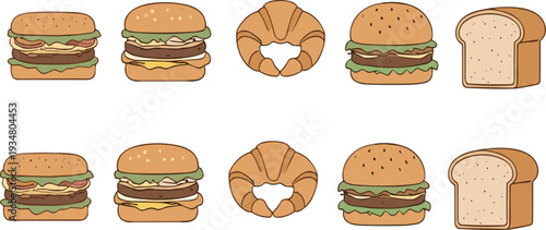 Burger, Croissant and Bread Vector Fast Food Collection with Sandwich Icons Isolated on Background