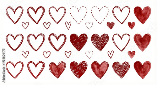 A collection of hand-drawn red hearts of various styles, including solid, outlined, and dashed, perfect for romantic and celebratory designs