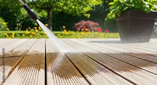 A power washer's high-pressure jet cleans a weathered wooden deck in a bright garden