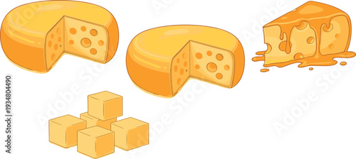 Cheese Wheel and Cubes Collection Melting Swiss and Cheddar Dairy Vector Illustration Set Isolated on White