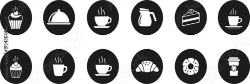 Cafe and Bakery Round Icon Set with Coffee Cup, Cupcake, Croissant and Dessert Symbols Vector Collection