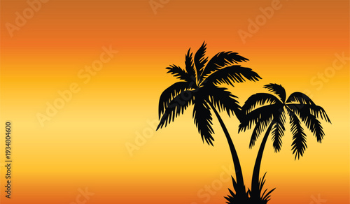Tropical Palm Tree Silhouettes at Sunset, Vector Illustration of Exotic Summer Vacation Background with Orange Gradient Sky, Paradise Beach Evening Design Element for Travel Posters and Cards