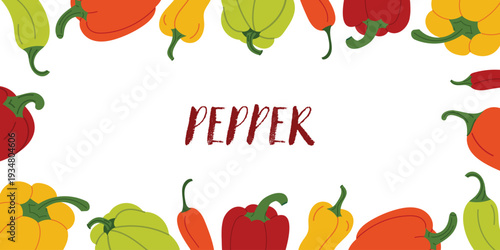 Pepper vegetable banner with chili and bell peppers. Fresh farm vegetables composition for menu, recipe or organic food design. Flat vector illustration isolated on white background.