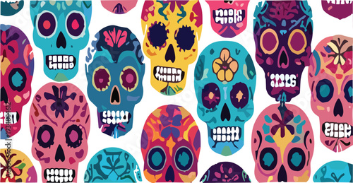Colorful Sugar Skulls Seamless Pattern Cartoon Vector Illustration Inspired by Day of the Dead