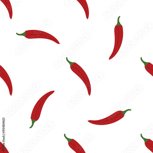 Red chili pepper seamless pattern with hot spicy vegetables. Food ingredient background for cooking, restaurant menu, kitchen design and packaging. Flat vector illustration.