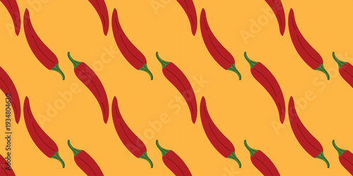 Red chili pepper seamless pattern on yellow background. Spicy hot vegetable texture for food packaging, restaurant menu, kitchen design and cooking theme. Flat vector illustration.