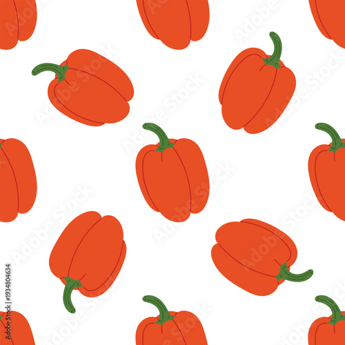 Orange bell pepper seamless pattern with fresh sweet paprika vegetables. Organic farm food background for packaging, kitchen decor, menu and grocery branding.