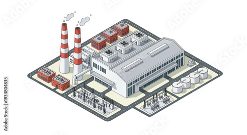 Industrial factory complex with power generators, chimneys releasing smoke, and storage tanks, representing manufacturing and energy production facilities