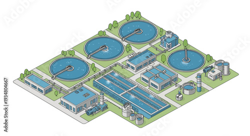 Wastewater Treatment Plant Illustration - Industrial Water Purification Facility