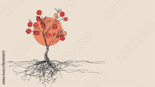 Minimalist line art of a tree with red fruit and tangled roots against an orange sun.
