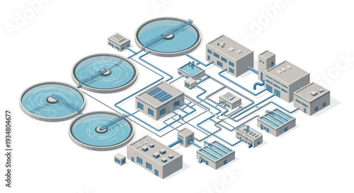 Industrial Water Treatment Plant with Circular Clarifiers and Processing Buildings, Isometric View