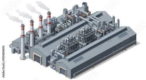 Industrial power plant with multiple chimneys emitting smoke, complex machinery, and connected buildings in an isometric view