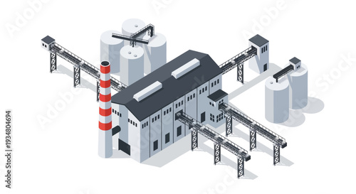 Isometric industrial factory complex with storage tanks and conveyor belts, depicting manufacturing and production processes