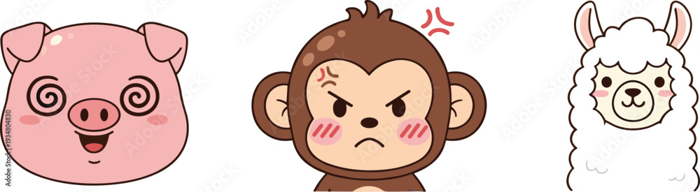Fototapeta premium Cute Farm Animal Faces Pig Monkey and Llama Cartoon Vector Illustration Set for Kids Design