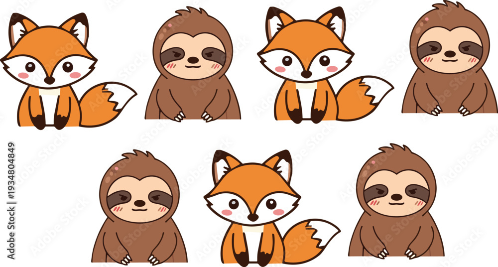 Naklejka premium Cute Fox and Sloth Cartoon Character Collection Adorable Woodland Animal Vector Illustration Set for Kids