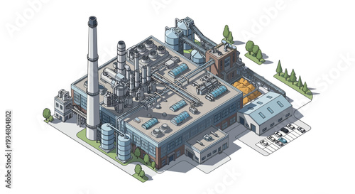 Industrial factory with smokestacks and machinery, representing heavy industry and manufacturing processes