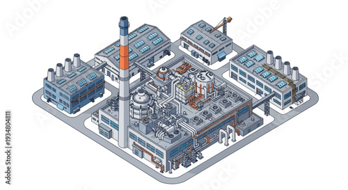 Isometric view of a modern industrial factory complex with multiple buildings, chimneys, and machinery, showcasing a bustling manufacturing hub in a clear, stylized illustration