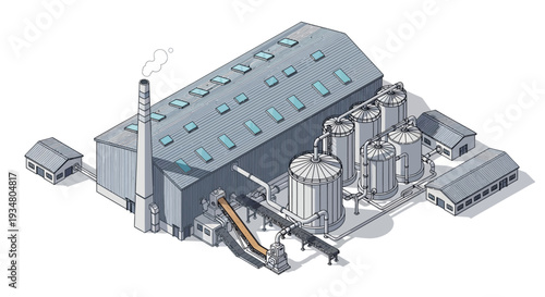 Industrial facility with storage tanks and a tall chimney emitting smoke, showcasing a complex manufacturing process