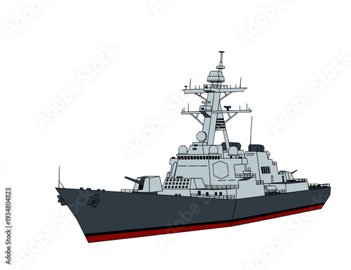 Modern military destroyer warship or frigate vessel illustration
