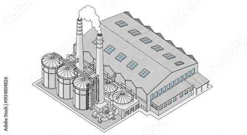 Industrial factory with smoking chimneys and silos, representing manufacturing and production processes in heavy industry