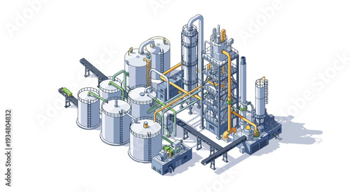 Industrial complex with storage tanks, pipes, and processing towers, representing manufacturing and production
