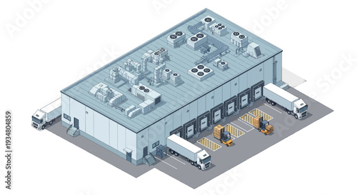 Modern logistics center with loading docks and trucks, showcasing efficient supply chain operations