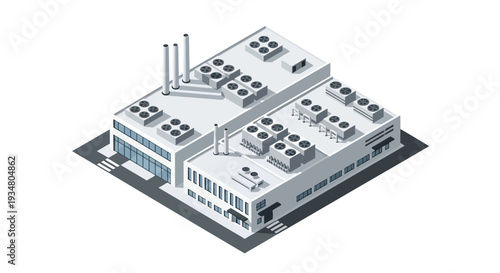 Isometric view of an industrial building with HVAC units on the roof, representing manufacturing and production