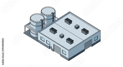 Illustration of an industrial warehouse building with two large storage tanks, representing industry and storage solutions