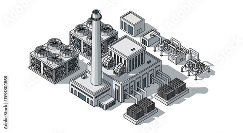 Isometric view of an industrial factory with cooling towers, chimneys, and storage tanks, representing manufacturing and production
