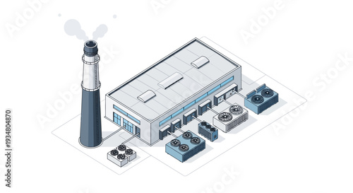 Industrial factory and power plant with cooling towers, representing manufacturing and energy production in an isometric view