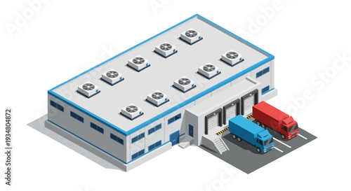 Isometric illustration of a logistics warehouse with loading docks and trucks, representing distribution and supply chain operations