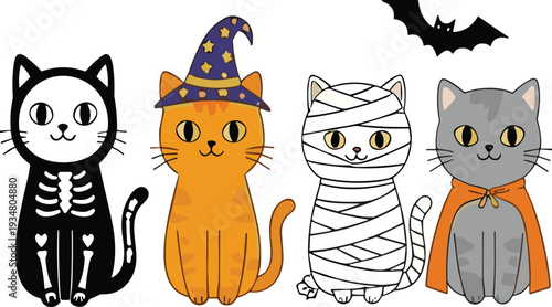 Cute Halloween Cats Collection with Skeleton Witch Mummy and Vampire Costumes Cartoon Vector Illustration Set