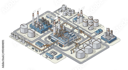 Isometric view of a large industrial complex with interconnected buildings, storage tanks, and pipelines, representing manufacturing and production processes in a stylized illustration