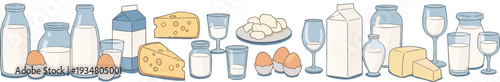 Dairy Products Vector Collection with Milk Bottles, Cheese, Eggs, Butter and Glassware Illustration Set