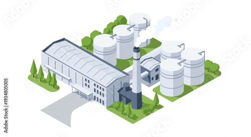 Industrial production facility with storage tanks and smoking chimney, isometric view illustration