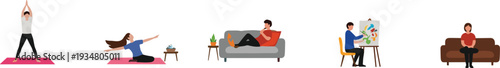 Daily Lifestyle Activities Collection Including Yoga Relaxing Reading Painting and Sitting Characters Vector Illustration