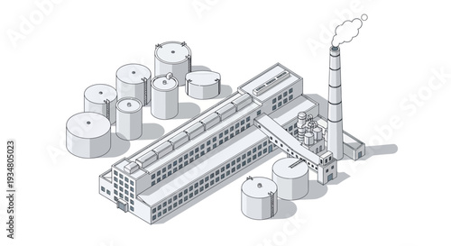 Industrial Factory Building with Silos and Chimney, Isometric View