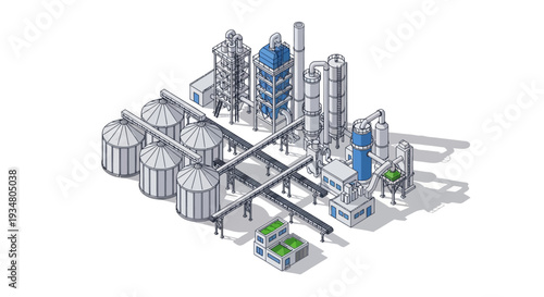 Industrial factory complex with silos, storage tanks, and processing units, illustrating manufacturing and production