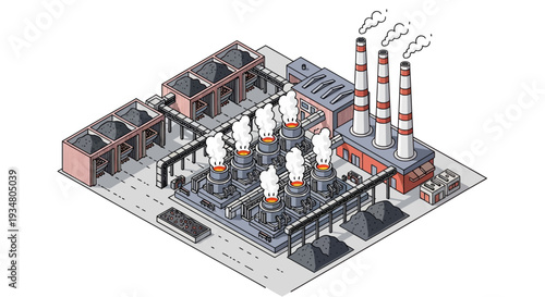 Isometric illustration of a large industrial factory complex with smokestacks and raw materials storage
