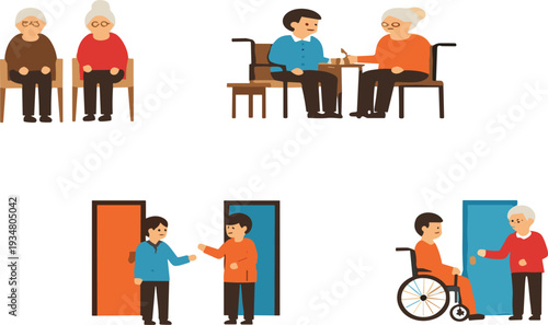 Elderly Care and Nursing Home Assistance Vector Illustration Set with Seniors Caregivers and Wheelchair Support