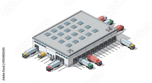Isometric warehouse building with trucks at loading docks, logistical operations illustration