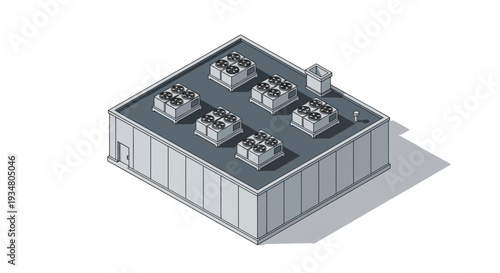 Isometric view of a flat roof building with multiple HVAC units installed on top, architectural detail