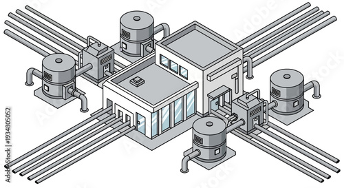 Isometric illustration of a modern industrial facility with multiple connected processing units and pipelines
